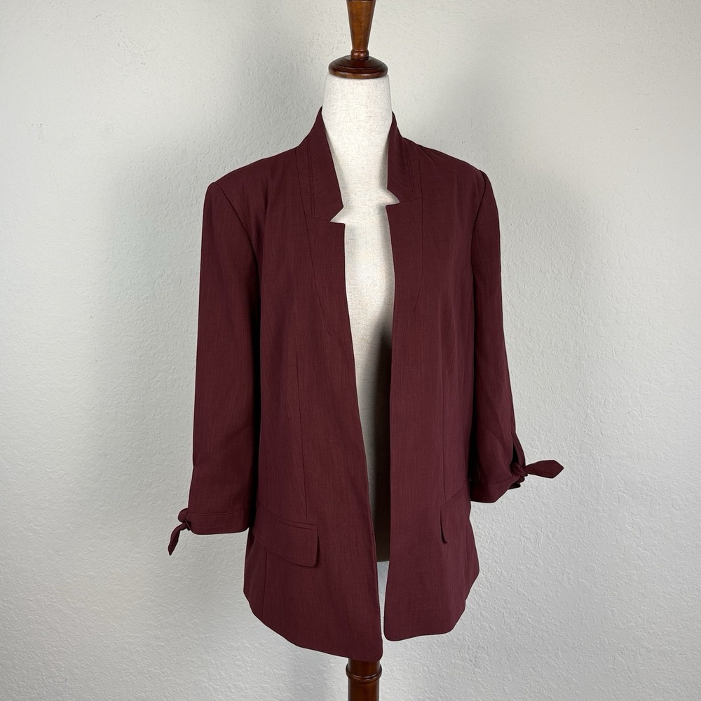 Loft Petite L Open Front Blazer Burgundy 3/4 Sleeve Career Corpcore Boyfriend